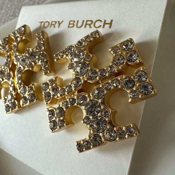 NWT Tory Burch Crystal Pave Logo Gold Earrings - Picture 5 of 6